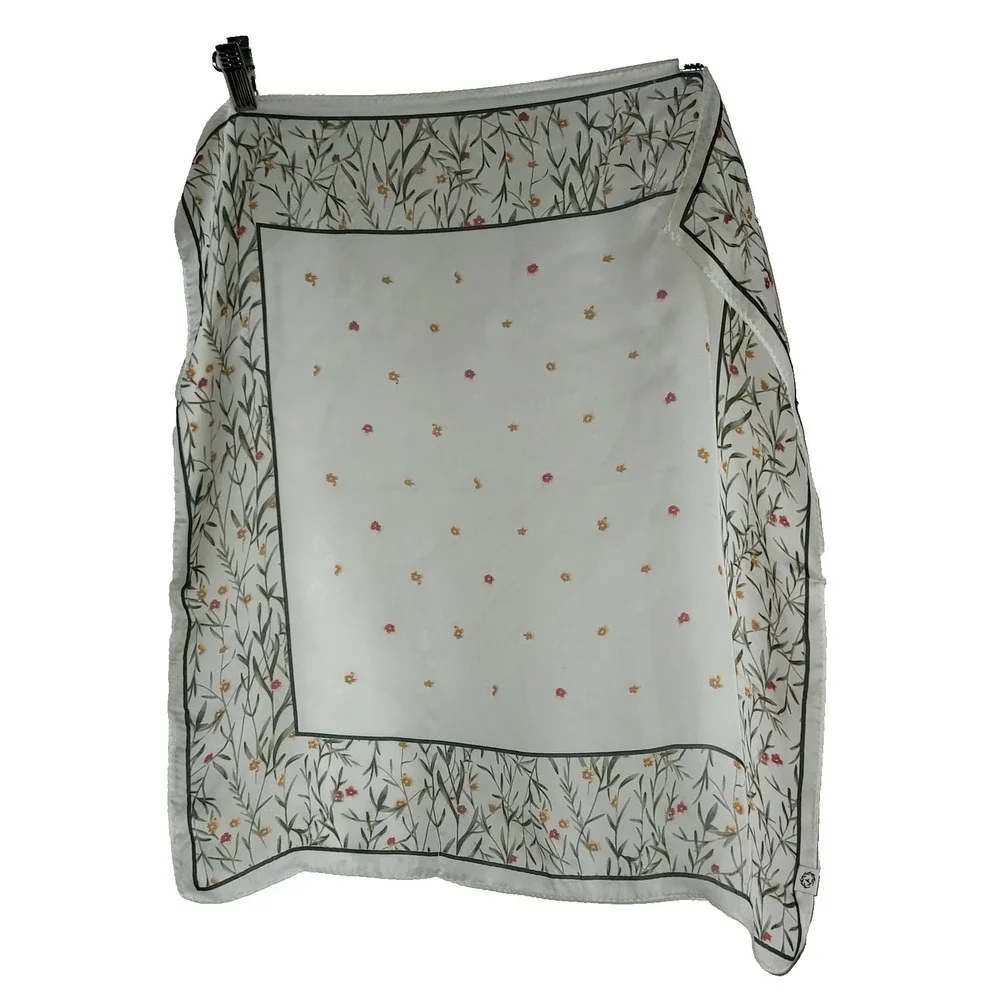 White Floral Silk Print Scarf Women's Fashion Accessory 21 x 21 inches